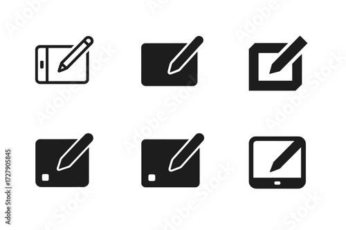 Digital Art Logos. Digital art. Set Logo of digital art: Stylus and tablet icon. harmonious logo variations of the same emblematic concept (Minimal outline,