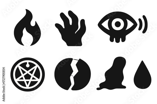 Cursed Omen Icons. Solid, filled icon set of cursed omens: black flame, ghost hand, cursed eye, echo skull, sigil mark, broken seal, shifting shadow, red tear.