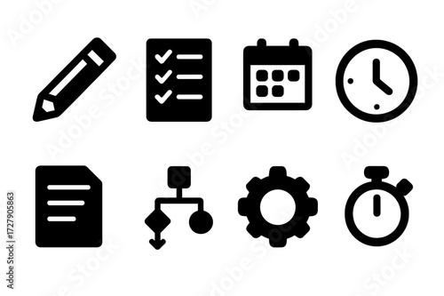 Editorial Workflow Icons. Solid, filled icon set of editorial workflow: pencil, checklist, calendar, clock, document, flowchart, gear, timer. [Line icons in