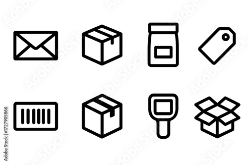 Mini Packaging Icons. Solid, filled icon set of mini packaging: sealed envelope, cardboard box, courier bag, shipping tag, barcode sticker, taped parcel,