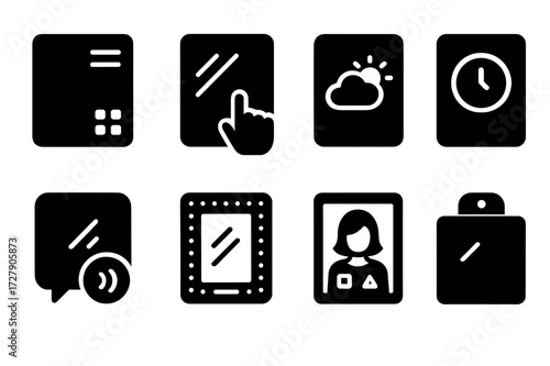 Smart Mirror Icons. Solid, filled icon set of smart mirrors and technology: smart mirror screen, touch mirror, mirror with weather display, mirror with clock,