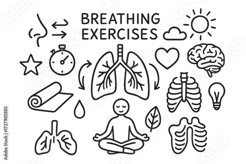 Breathing Exercise Doodle. Hand-drawn doodle illustration Breathing exercises lungs, nose, stopwatch, arrows of airflow, yoga mat, meditation figure, star,