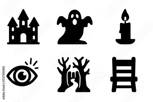 Icons of Fear. Solid, filled icon set of fear and darkness: haunted house, ghost shadow, dark alley, flickering candle, scared eye, spooky tree, dark forest