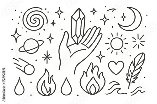 Cosmic Crystal Doodle. Hand-drawn doodle illustration Cosmic Crystal Energy [hand, crystal, galaxy spiral, star, sparkle, planet, moon, sun, comet, aura