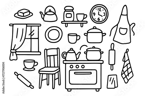 Cozy Kitchen Doodle. Hand-drawn doodle illustration Cozy Kitchen Scene butter dish, kettle, mug, plate, chair, curtain, clock, apron, pot, shelf, stove, jar,