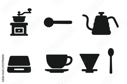 Coffee Accessories Icons. Solid, filled icon set of coffee accessories: coffee grinder, scoop, tamper, kettle, scale, coffee cup, filter, stirring spoon. [Line