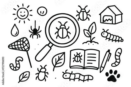 Pest Monitoring Doodle. Hand-drawn doodle illustration monitoring pests magnifying glass, insect, beetle, caterpillar, leaf, plant, notebook, pen, trap, net,