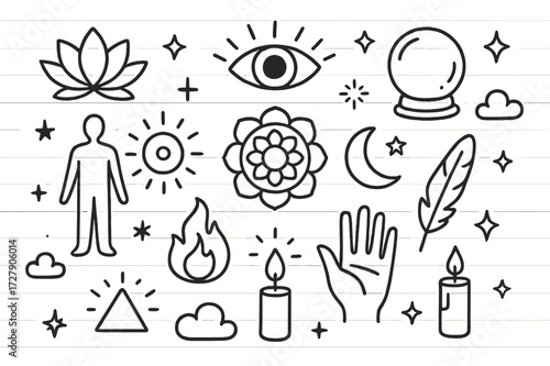 Psychic Symbols Doodle. Hand-drawn doodle illustration [Psychic energy] [eye, lotus flower, crystal ball, mandala, flame, chakra, aura, sun, moon, stars, hand,