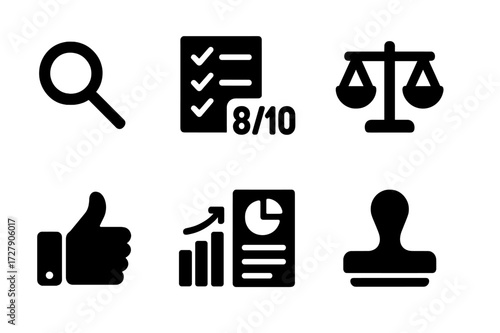Bid Evaluation Icons. Solid, filled icon set of bid evaluation: magnifying glass, checklist, scorecard, balance scale, thumbs up, graph, report, approval