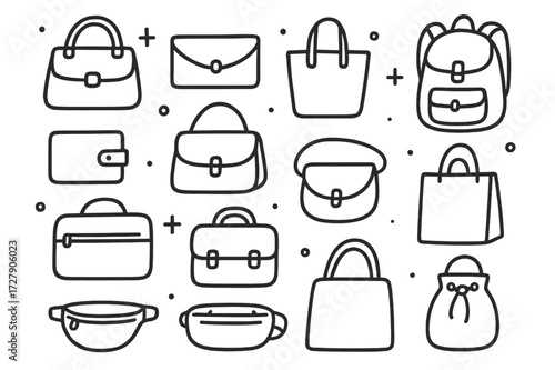 Handbag Doodle Icons. Hand-drawn doodle illustration Bags and purses [handbag, clutch, tote, backpack, wallet, satchel, crossbody bag, coin purse, laptop bag,