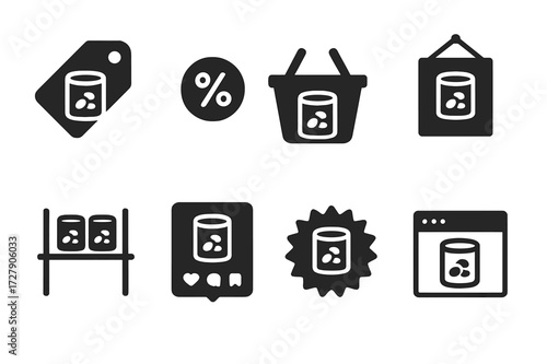 Canned Beans Icon Set. Solid, filled icon set of canned beans marketing: price tag, discount sticker, shopping basket, advertisement poster, product display,