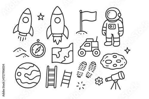 Mars Exploration Doodle. Hand-drawn doodle illustration Mars travel [spaceship, rocket, astronaut, flag, rover, map, compass, crater, sand dune, gear, ladder,