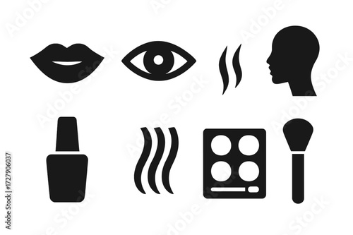 Beauty Icon Set. Solid, filled icon set of beauty icons: lips, eye, face silhouette, nail polish bottle, hair strands, perfume atomizer, makeup palette, brush.