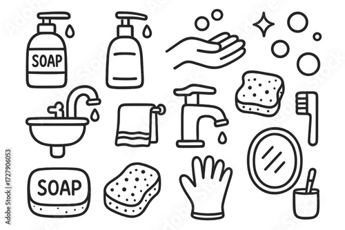 Bathroom Hygiene Doodle. Hand-drawn doodle illustration Soap dispenser pump soap bottle, pump nozzle, droplet, hand, bubble, sink, towel, faucet, bar soap,