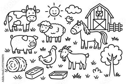 Farm Animal Doodles. Hand-drawn doodle illustration farm animals in fields cow, sheep, pig, chicken, horse, goat, barn, fence, hay bale, trough, bird, tree,