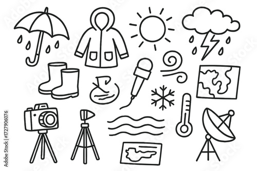 Weather Reporter Essentials. Hand-drawn doodle illustration Weather reporters umbrella, raincoat, boots, storm cloud, sun, lightning, microphone, wind swirl,
