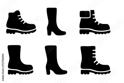 Black Boot Icons. Solid, filled icon set of boot uses: hiking, riding, working, snow walking, fashion, military, rain protection, motorcycling. Solid, filled