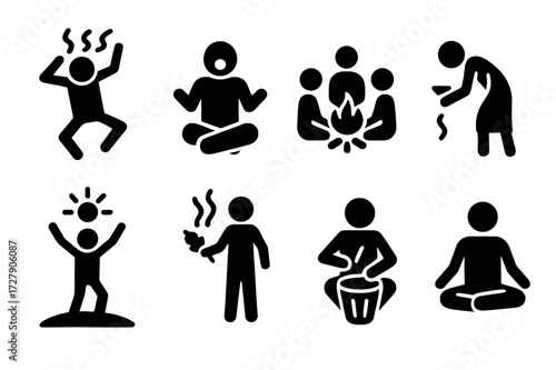 Shamanic Ritual Icons. Solid, filled icon set of shamanic rituals: trance dance, chanting, fire circle, offering, vision quest, cleansing, drumming,