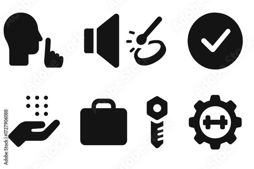 Practice Pad Icon Set. Solid, filled icon set of practice pad sound characteristics: quiet, muted, realistic rebound, consistent, tactile feedback, portable,