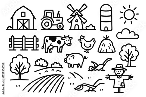 Minimalist Rural Doodles. Hand-drawn doodle illustration Minimalist rural landscapes with traditional farming Barn, tractor, windmill, silo, fence, cow,