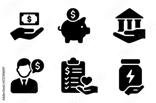 Financial Aid Icons. Solid, filled icon set of financial help: money handout, piggy bank, loan document, bank assistance, financial advisor, budget plan,