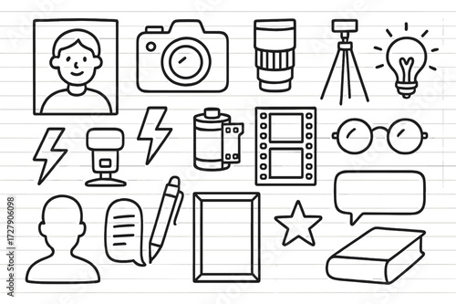 Photography Doodle Icons. Hand-drawn doodle illustration black and white portraits camera, lens, tripod, light bulb, flash, film roll, photo strip, glasses,