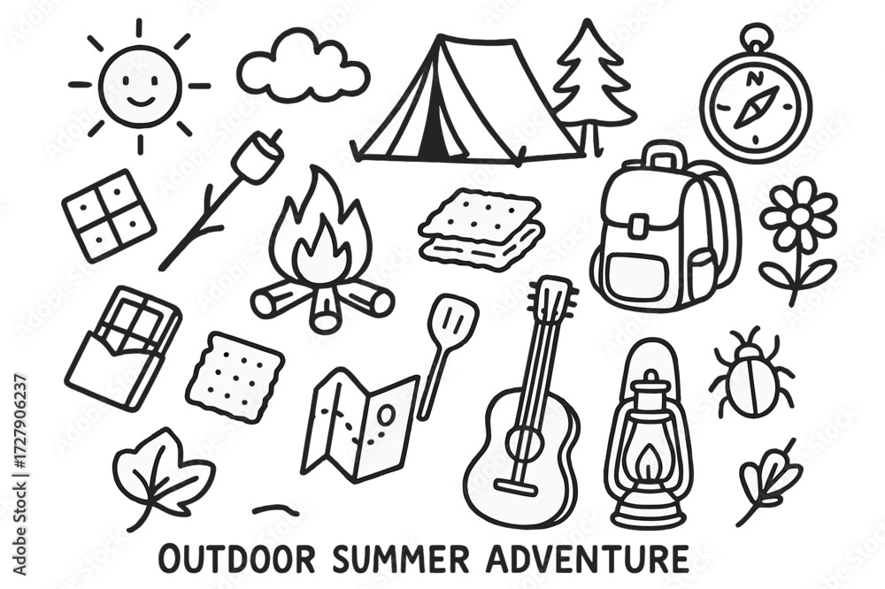 Fototapeta premium Summer Camping Doodle. Hand-drawn doodle illustration Outdoor summer adventure [tent, campfire, marshmallow stick, chocolate bar, cracker, backpack, tree,