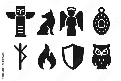 Guardian Spirits Icons. Solid, filled icon set of guardian spirits: totem, spirit animal, guardian angel, magic amulet, protective rune, sacred flame, shield