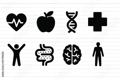 Health Icon Grid. Solid, filled icon set of nutrition and health: heart with pulse, apple with leaf, DNA strand, medical cross, wellness person, healthy gut,