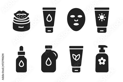 Balm Accessories Icons. Solid, filled icon set of balm related accessories: lip scrub, moisturizer, facial mask, sunscreen, essential oil, massage oil, hand