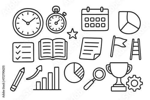 Time Management Doodles. Hand-drawn doodle illustration time management in progress tracking clock, stopwatch, calendar, checklist, notebook, pie chart, bar