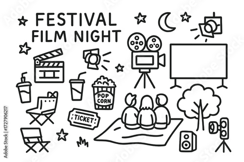 Film Festival Doodle. Hand-drawn doodle illustration Festival film night projector, film reel, movie screen, clapperboard, popcorn, soda, star, moon, stage