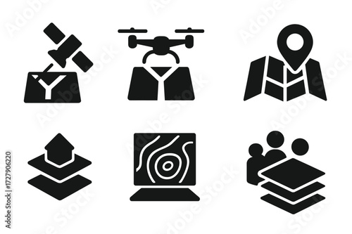Map Icon Grid. Solid, filled icon set of map reading digital: satellite imagery, drone view, interactive map, location pin, 3D map, heatmap, street view, map
