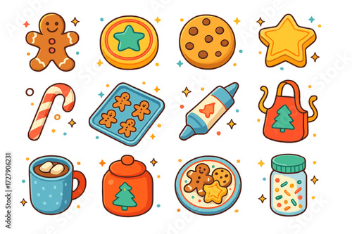 Festive Baking Icons. Festive baking. Colorful isometric vector icons set of Festive baking: gingerbread man, sugar cookie, chocolate chip cookie, star-shaped