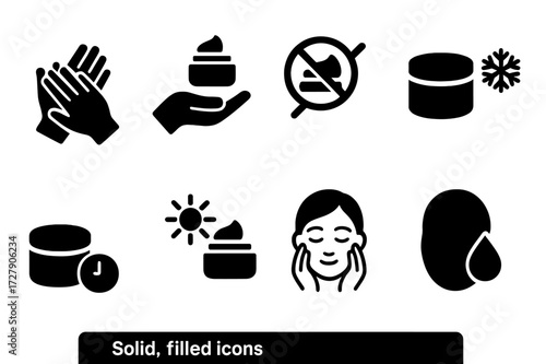 Cream Balm Icon Set. Solid, filled icon set of cream balm care routine: clean hands, regular application, avoiding contamination, storing cool, reapplying as