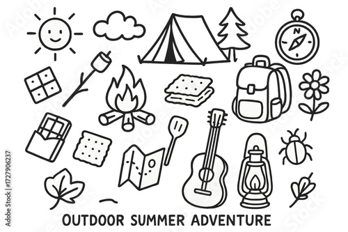 Summer Camping Doodle. Hand-drawn doodle illustration Outdoor summer adventure [tent, campfire, marshmallow stick, chocolate bar, cracker, backpack, tree,
