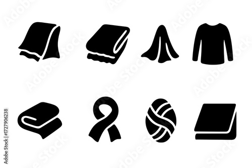 Fabric Icon Grid. Solid, filled icon set of smooth fabrics: satin, velvet, chiffon, jersey, cashmere, silk scarf, wool, linen. Solid, filled icons in only