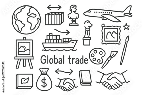 Global Trade Doodle. Hand-drawn doodle illustration Global trade in art [globe, shipping container, cargo ship, airplane, painting, sculpture, gallery frame,