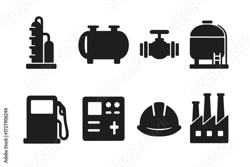 Oil Refining Icons. Solid, filled icon set of oil refining process: distillation tower, chemical reactor, pipeline valve, storage tank, fuel pump, control
