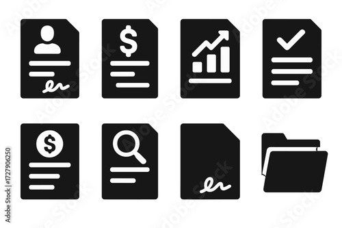 Financial Document Icons. Solid, filled icon set of financial planner documentation: contract, invoice, report, checklist, financial statement, audit file,