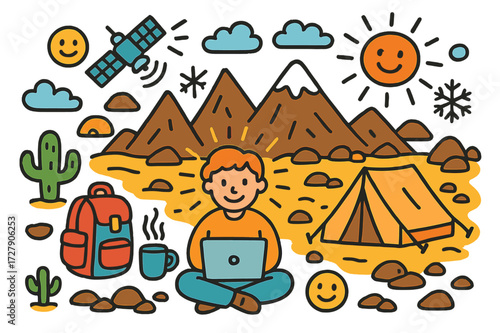 Remote Work Adventure. Extreme remote work. Colorful Hand-drawn doodle Children illustration Laptop, person, mountains, desert, tent, backpack, coffee cup,