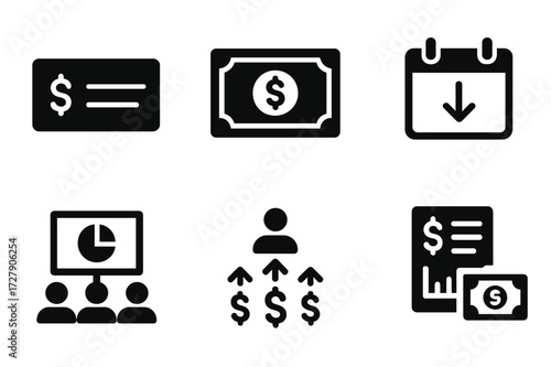 Dividend Icon Set. Solid, filled icon set of dividend basics: dividend check, stock certificate, dollar sign, payout calendar, shareholder meeting, profit