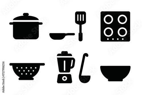 Refried Beans Icons. Solid, filled icon set of refried beans kitchen tools: pot, pan, spatula, stove, strainer, blender, ladle, bowl. [Line icons in only black