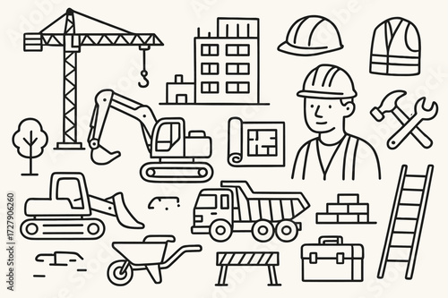 Construction Site Doodles. Hand-drawn doodle illustration Commercial construction site [crane, excavator, bulldozer, dump truck, construction worker, helmet,