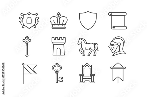 Noble Lineage Icons. Noble lineage. Line icon set of noble lineage: family crest, crown, shield, scroll, scepter, castle tower, horse, knight helmet, heraldic