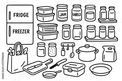 Kitchen Doodle Icons. Hand-drawn doodle illustration Kitchen organization fridge, freezer, food containers, jars, labels, spice rack, shelf, basket, grocery