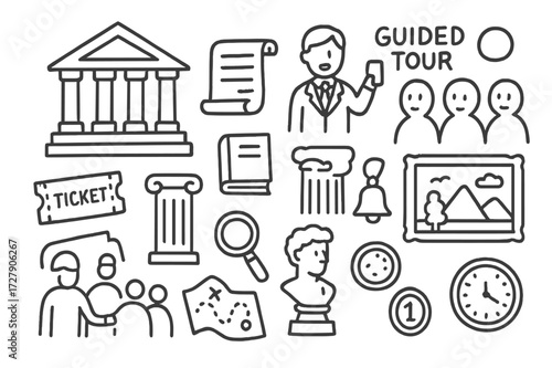 Museum Tour Doodles. Hand-drawn doodle illustration Museum guided tour museum building, ticket, guide figure, group of people, column, scroll, book, painting