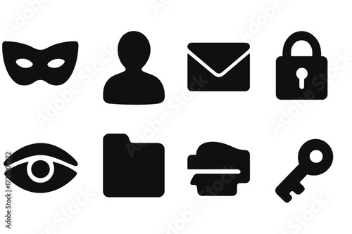 Corporate Anonymity Icons. Solid, filled icon set of corporate anonymity: mask, shadow person, hidden identity, closed envelope, secure lock, blindfolded eye,