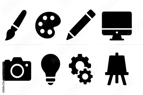 Creative Agency Icons. Solid, filled icon set of creative agency: paintbrush, palette, pencil, computer, camera, light bulb, gears, easel. [Line icons in only