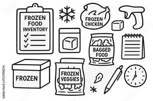 Frozen Foods Inventory. Hand-drawn doodle illustration [frozen food inventory] [checklist, inventory sheet, frozen chicken, barcode scanner, bagged food,